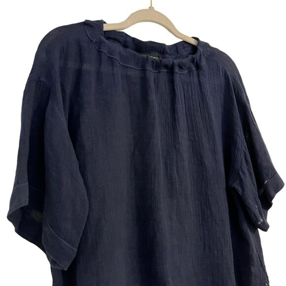 Lafayette 148 Navy Blue 100% Linen Drop Shoulder Asymmetric Hem Top Size Small - Picture 2 of 6